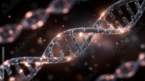 Intertwined DNA helices floating in soft ambient light, shadowed background enhancing depth and intricacy, symbolizing ancestry and inherited traits