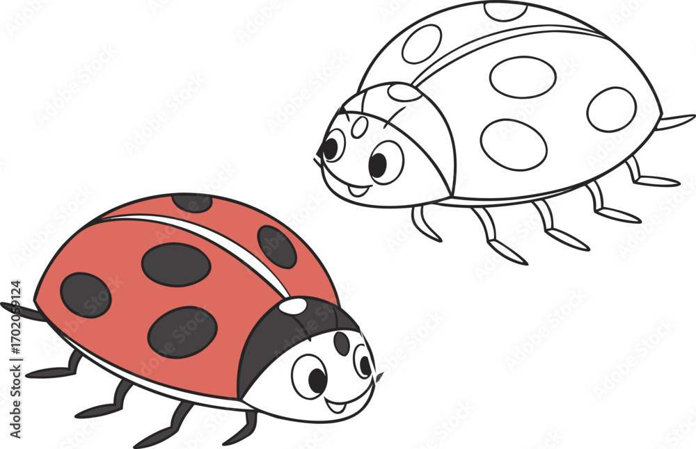 Naklejka premium Two cartoon ladybugs one colored red and black the other outline insect illustration