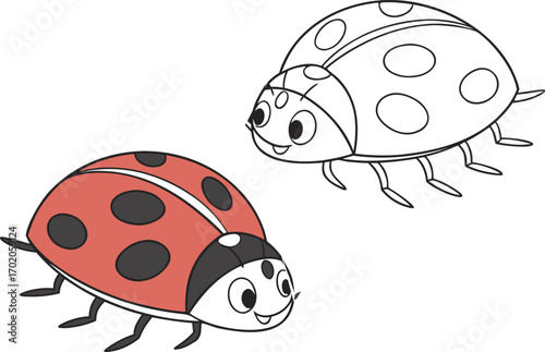 Two cartoon ladybugs one colored red and black the other outline insect illustration