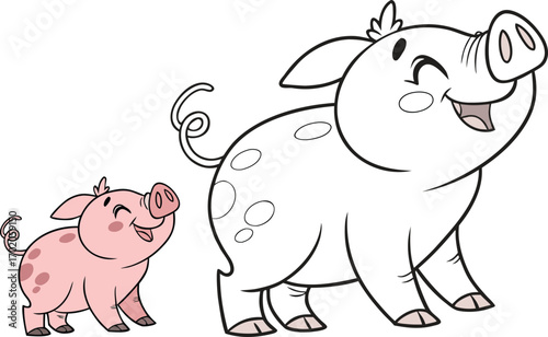 Two cartoon pigs one pink spotted one white with black outlines animal farm