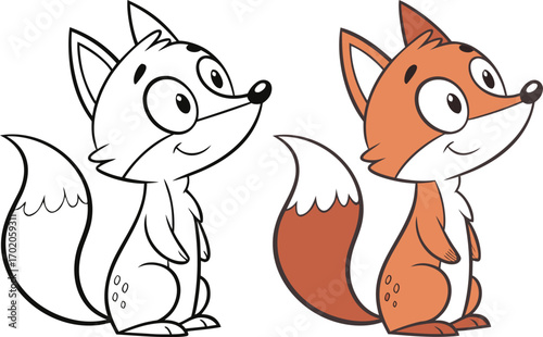 Cartoon fox illustration with outline and colored versions side by side black and white