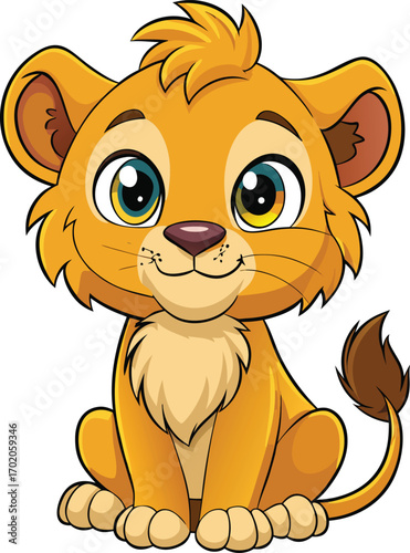 Cute cartoon lion cub with big eyes sitting animal baby animal
