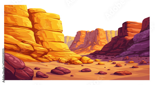 Colorful Desert Canyon Landscape with Rock Formations and Boulders.
