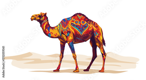 Colorful Decorative Camel Standing on Sand Dunes Illustration.