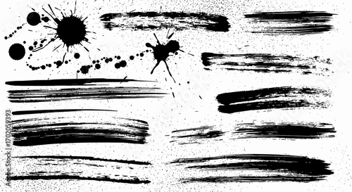 Collection of black ink paint strokes and splatters on a white background.