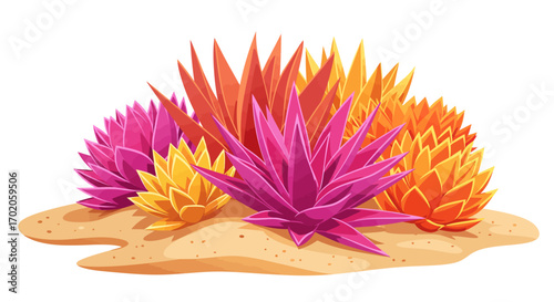 Colorful Succulent Plants on Sand Cartoon Style Illustration.