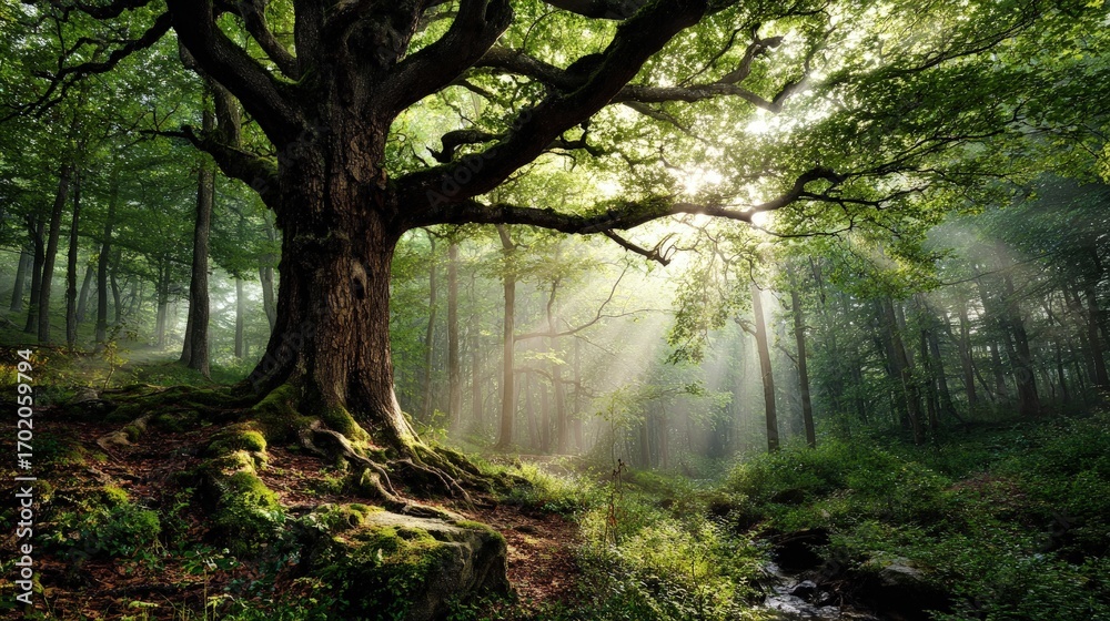 Naklejka premium Sunlight Streams Through Lush Forest Trees