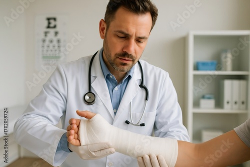 Doctor carefully applying plaster cast on patient's broken arm, providing support and immobilization for healing process in clinic