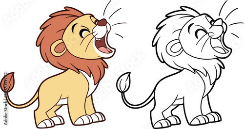 Cartoon lion roaring with mane and outline version animal wild, coloring page