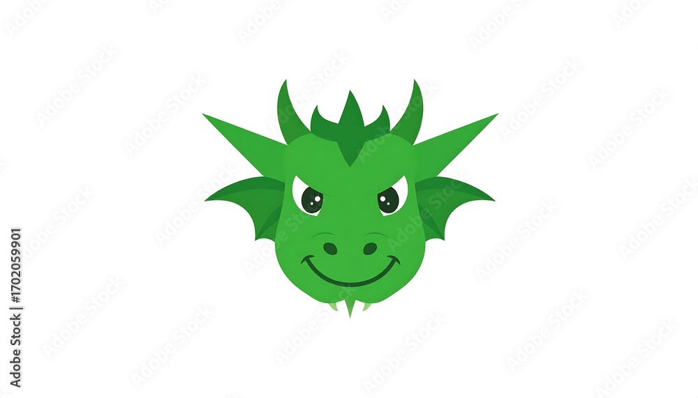 Fototapeta premium A cartoon dragon's head, depicted in bold green, with a mischievous expression, is centrally positioned against a stark white background.