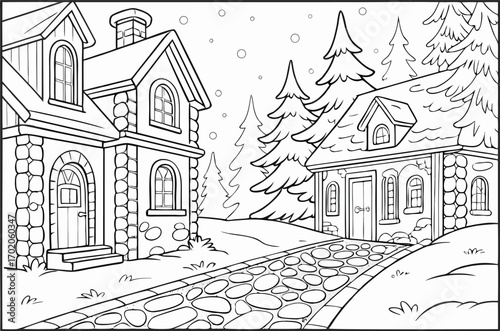 Black and white cartoon scene of two houses and pine trees with snow illustration home
