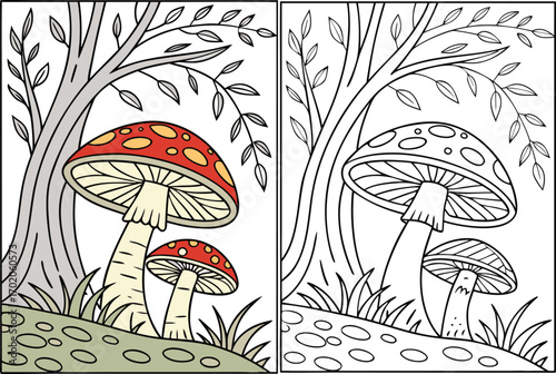 Two colorful and black and white cartoon mushrooms under trees fly agaric yellow, coloring page