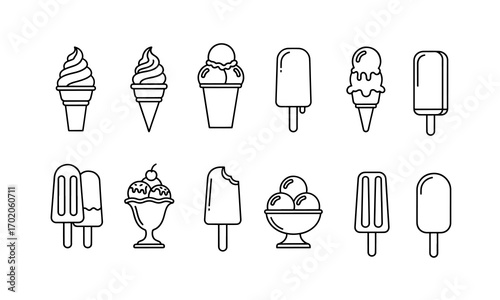 Ice cream and popsicle icons in black outline frozen dessert