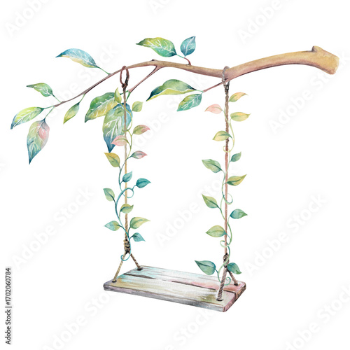 Obraz na plátně Wooden swing tied to a tree branch, entwined with vines with green leaves hand drawn watercolor illustration isolated on white background
