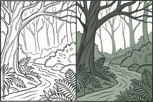 Forest stream with trees and foliage in black and white and grayscale nature, coloring page