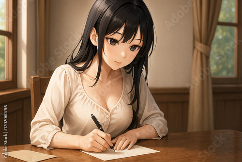  黒髪の女性 手紙を書く ブラウス 萌え絵（最新）.jpg