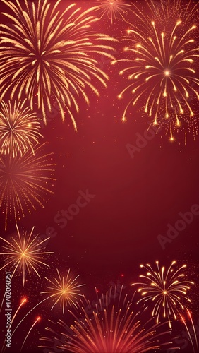 Golden Fireworks Frame on Red Background