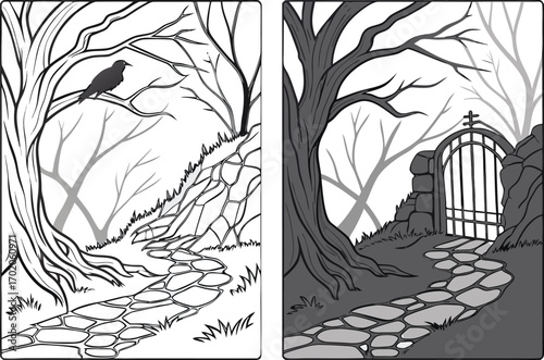 Black bird on bare tree branch next to stone path and gate crow raven