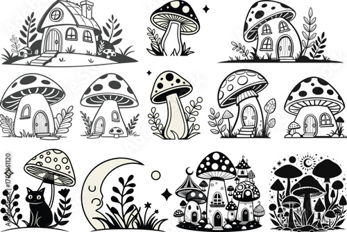Whimsical mushroom houses and forest elements in black and white fairy house gnome house