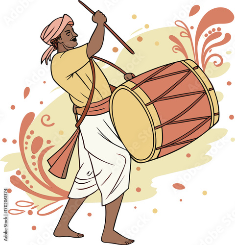 Man in turban playing large drum with stick on white background dhol bongo