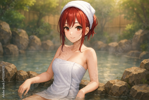赤髪の女性 温泉でリラックス タオル巻き 萌え絵.jpg