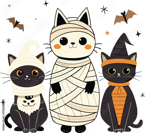 Three cute cartoon cats dressed for Halloween as a mummy and witch kitten