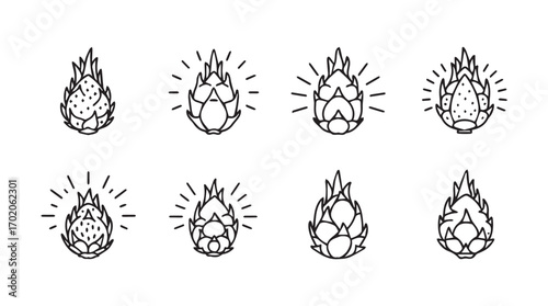 Collection of eight dragon fruit silhouettes with radiant glow effect