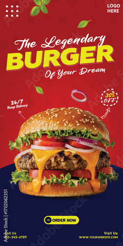 A bold and vibrant vertical banner design featuring a Legendary Burger . The banner highlights a 30% off discount and 24/7 home delivery, making it a perfect tool for a restaurant's digital marketing.