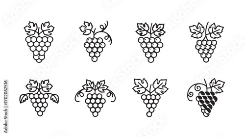 Collection of decorative grape clusters and leaves in a silhouette style