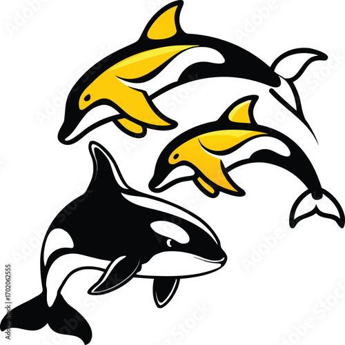 Three cartoon killer whales and dolphins swimming together orca marine mammal