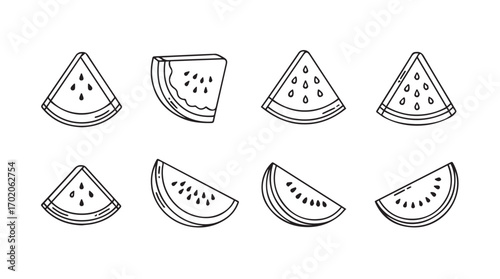 Collection of eight hand drawn watermelon slices in a simple line art silhouette style