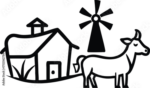 Black and white illustration of a farm scene with cow and windmill barn agriculture