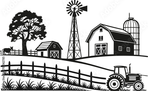 Black and white farm scene with barn windmill tractor and cow vector