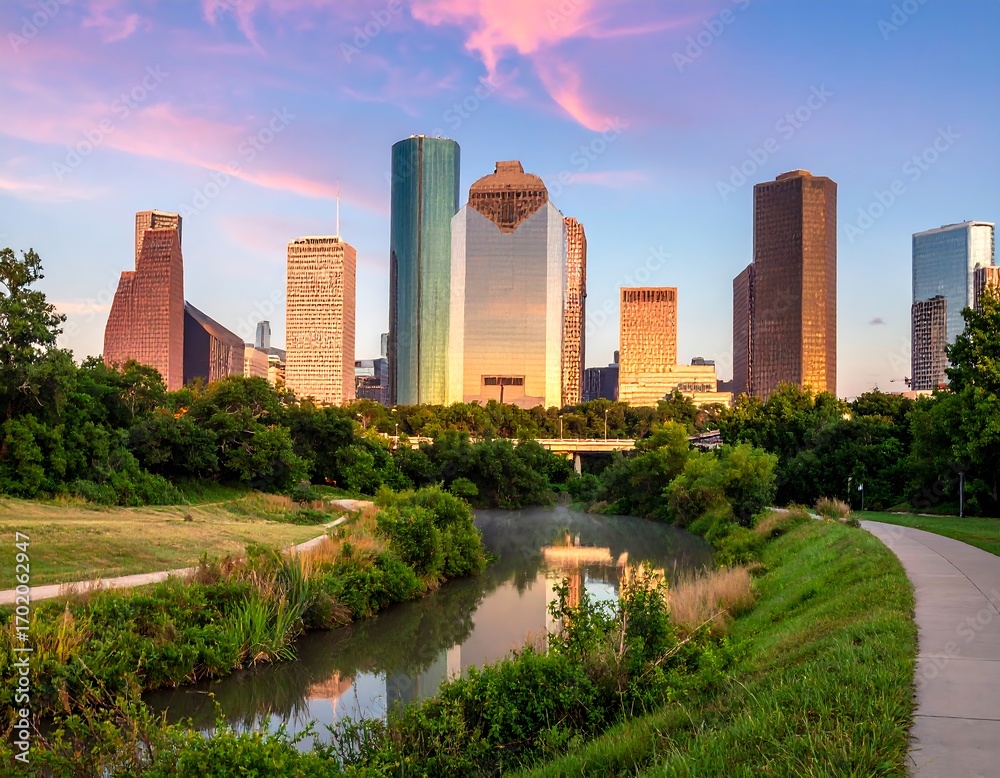 Obraz premium A tranquil parkland setting along a waterway with the Houston skyline in the background.