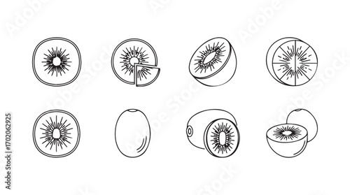 Collection of sliced kiwi fruit in a distinctive black and white silhouette style