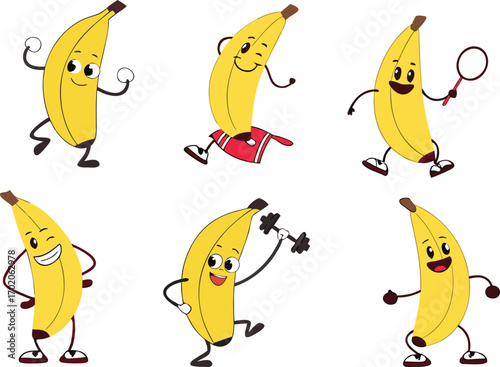Six cartoon bananas engaged in various activities like exercising and playing fruit character