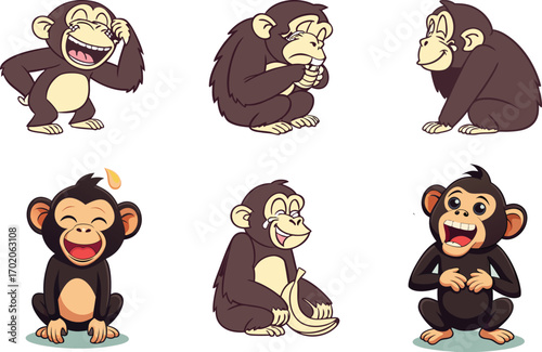 Six cartoon chimpanzees in various laughing and crying poses monkey animal