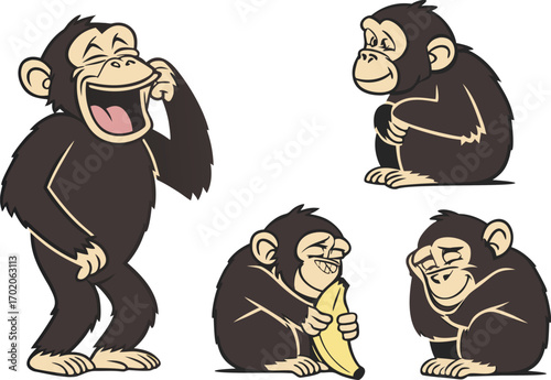 Four cartoon chimpanzees in various poses and expressions monkey animal
