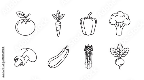 Collection of eight hand drawn vegetable silhouettes in a simple outline style silhouette