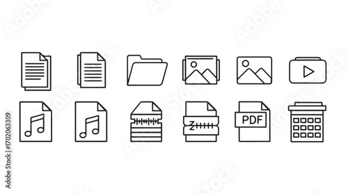 Collection of simple outline file type icons in a silhouette style