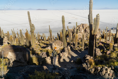 Sunrise view of the Salar de Uyuni salt flats from Incahuasi, a cactus-covered island in the heart of the salt flats. Uyuni, Bolivia.