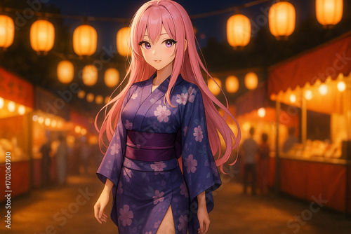 祭りで浴衣を着て歩くピンク髪の日本人成人女性.jpg
