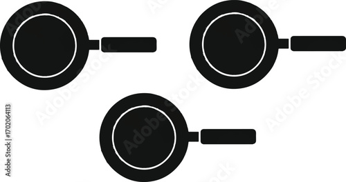 This image shows three frying pans viewed from a **top-down perspective**. They are arranged in a triangular layout: