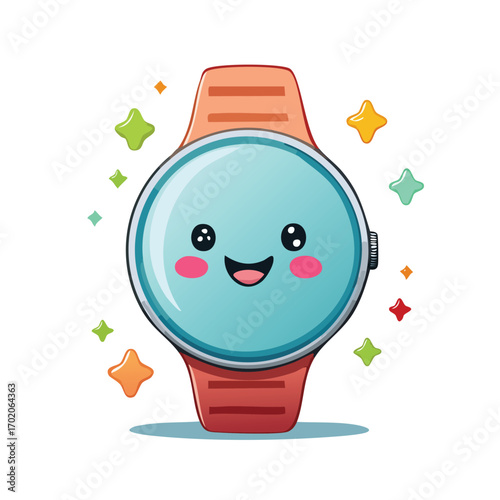 A cute and happy cartoon smartwatch with a smiling face on its screen, surrounded by twinkling stars.  Perfect for websites, apps, and products related to kids' tech. 
