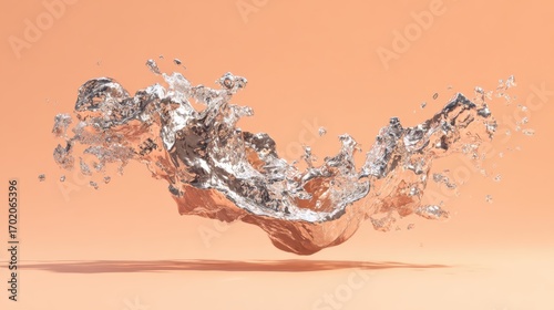 3d render of a metallic liquid splash suspended on a light peach background.
