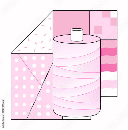 Pink sewing thread spool on patterned fabric background  
