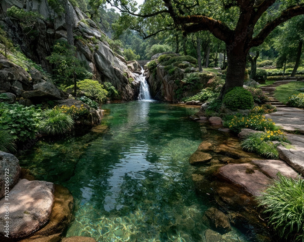 Naklejka premium A serene waterfall surrounded by lush greenery