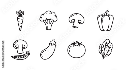 Collection of hand drawn vegetable icons in a simple black and white silhouette style