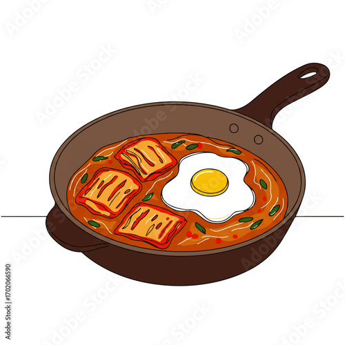Savory Kimchi Stew with Fried Egg Simmering in a Rustic Skillet, Delicious Korean Comfort Food