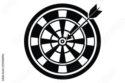 Black and White Dartboard with Arrow Hitting Bullseye Illustration, Target Practice Success